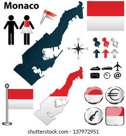 Vector of Monaco set with detailed country shape with region borders, flags and icons