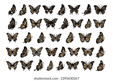 Monarca vectorial mariposa silueta negra y naranja cortada ala de insectos ala animal verano primavera naturaleza colección de mosca. Diseño hermoso de la moscas