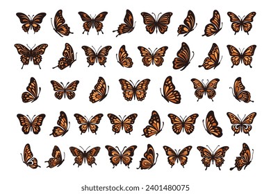 Monarca vectorial mariposa silueta negra y naranja cortada ala de insectos ala animal verano primavera naturaleza colección de mosca. Diseño hermoso de la moscas