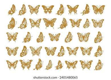 La silueta de contorno de mariposa monarca vectorial cortada ala de insectos animal verano primavera naturaleza colección de mosca. Diseño hermoso de la moscas