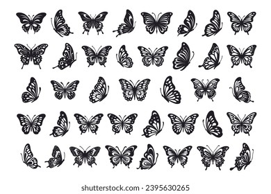 La silueta de mariposa monarca vectorial cortada ala de insectos animal verano primavera naturaleza colección de mosca. Diseño hermoso de la moscas