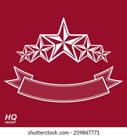 Vector monarch symbol. Festive graphic emblem with five pentagonal stars and curvy ribbon - decorative luxury eps8 template. Corporate branding icon, success concept theme design element.