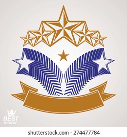 Vector monarch symbol. Festive graphic emblem with five pentagonal stars and curvy ribbon - decorative luxury eps8 template. Corporate branding icon, success concept theme design element.