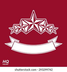 Vector monarch symbol. Festive graphic emblem with five pentagonal stars and curvy ribbon, decorative luxury eps8 template. Success concept theme design element.