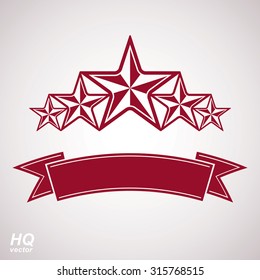 Vector monarch symbol. Festive graphic element with five stars and curvy ribbon, decorative luxury eps8 template. Design element.