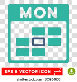 Vector Monday Calendar Grid EPS vector icon. Illustration style is flat iconic bicolor cobalt and cyan symbol on a transparent background.