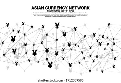 Red de divisas asiáticas de dinero vectorial de la línea de conexión de Polygon. Concepto de conexión de red financiera japonesa y china.