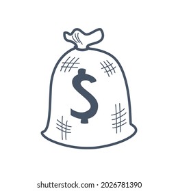 Vector Money Bag in Doodle Style with Editable Stroke isolated on White Background. Increase and Profit Sign.
