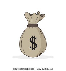 Saco de dinheiro vetor isolado no branco. Ilustração desenhada à mão.