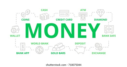 Vector money and bank thin line banner for design concept. Illustration for presentations on white background