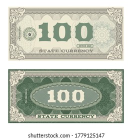 Vector money banknotes. Fake money illustration with floral border. Classical vintage style. Back sides of money bills