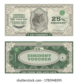 Vector money banknotes. Fake money illustration with realistic vector cat, floral border. Classical vintage style. Back sides of money bills