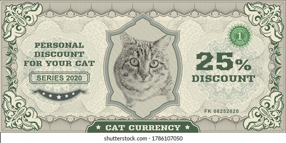 Vector money banknotes. Fake money illustration with realistic vector cat, floral border. Classical vintage style. Back sides of money bills