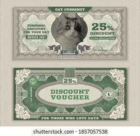 Vector money banknotes. Fake money illustration with realistic vector cat, floral border. Classical vintage style. Back sides of money bills