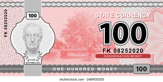 Vector money banknotes illustration with portrait of Gattamelata by Donatello. State currency. Back sides of money bills. Fake money