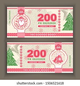 Vector money banknotes illustration with portrait of Santa Claus, bells. State currency. Back sides of money bills. Fake money. Two hundred money