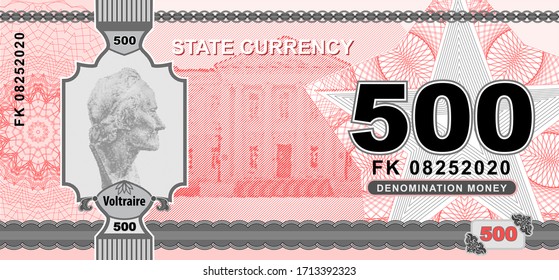 Vector money banknotes illustration with portrait of philosopher Voltaire. State currency. Back sides of money bills. Fake money.