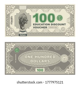 Vector money banknotes illustration with portrait of philosopher Voltaire by Jean-Antoine Houdon. classical statue . Back sides of money bills