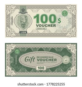 Vector money banknotes illustration with portrait of Lion. classical statue . Back sides of money bills