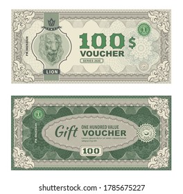 Vector money banknotes illustration with portrait of Lion. classical statue . Back sides of money bills