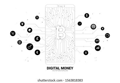 Vector money bitcoin icon in mobile phone screen from dot connect line circuit board style. Concept for digital money and cryptocurrency.