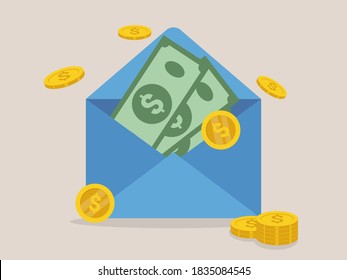 Vektorgeld, blauer Umschlag. American money sign. Geschäftskonzept. Bargeld.
