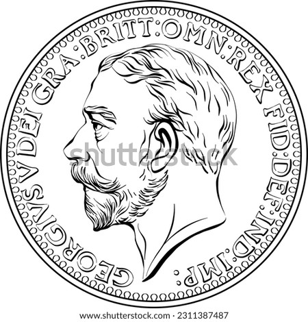 Vector money bronze coin British farthing , king George V on obverse. Black and white