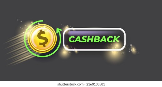 planilla de diseño de banner horizontal de retorno de dinero vectorial con icono de devolución de efectivo y monedas aisladas en fondo gris moderno. 3.d bono de devolución de efectivo o etiqueta de reembolso de dinero banquete horizontal