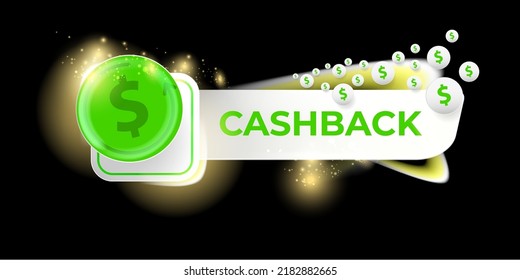 planilla de diseño de banner horizontal de retorno de dinero vectorial con icono de devolución de efectivo y monedas aisladas en fondo negro moderno. 3.d bono de devolución de efectivo o etiqueta de reembolso de dinero banquete horizontal