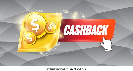 vector money cash back horizontal banner design template with cash back icon and coins isolated on modern grey background. cashback bonus or money refund label horizontal banner