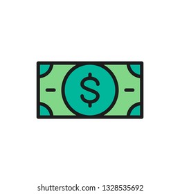 Vector money, cash, dollar, banknote flat color line icon.
