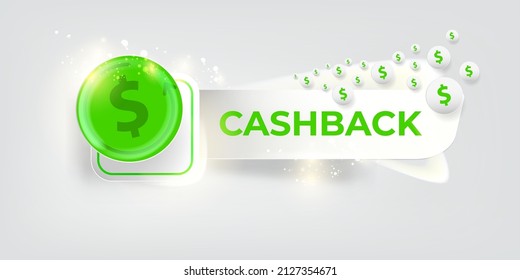 planilla de diseño de banner horizontal de respaldo de dinero vectorial con icono de devolución de efectivo y monedas aisladas en un fondo gris elegante. 3d bono de reembolso de dinero o plantilla de banner horizontal