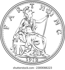 Vector money coin British farthing, Britannia on reverse. Black and white svg