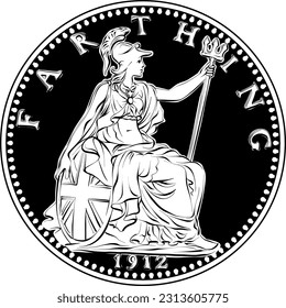 Vector money coin British farthing, Britannia on reverse. Black and white svg