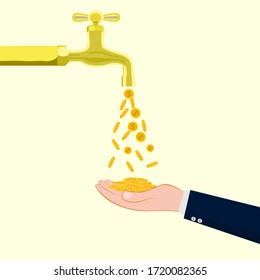 Vector Money coins flows to hand.Cash flow on yellow background