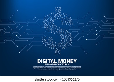 Vector money dollar icon from dot connect line circuit board style. Concept for financial network connection.