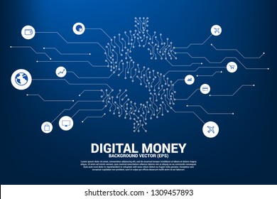 Vector money dollar icon from dot connect line circuit board style. Concept for financial network connection.