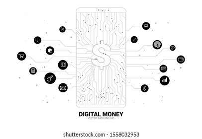 Vector money dollar icon in mobile phone screen from dot connect line circuit board style. Concept for digital money and fintech.