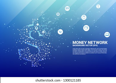 Vector money dollar icon from Polygon dot connect line. Concept for financial network connection.