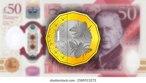 Vector money of England. Bimetallic polygonal coin of 1 pound denomination with stylistic bees and blurred plastic banknote of 50 pounds of 2023 with portrait of king. Financial economic banner