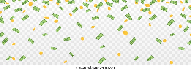 Vector Money Is Falling From The Sky. Money Png, Coins, Bills Png. Explosion Of Money On Isolated Transparent Background.