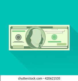 Vector Money Flat Icon. Hundred Dollar Currency Banknote. 100 Highly Detailed Dollar Bill With Long Shadow Isolated On Blue-green Turquoise Background. 10 EPS Vector File