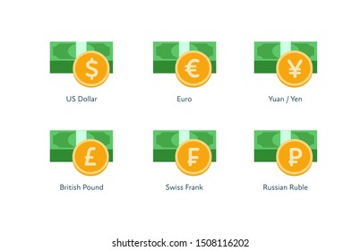 Vector money flat icon illustration. Set of world currency as dollar, euro, pound, frank, yuan and yen isolated on white background. Design element for banner, poster, banking, payment, website, web.