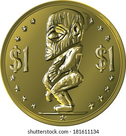 Vector Money Gold Coin Cook Islands Dollar Depicting The Maori God Of Sea Elements Tangaroa