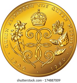 Vector Money gold coin Dollar Bermuda dedicated to Queen Mother Elizabeth with the image of a crown, roses and monogram letter E