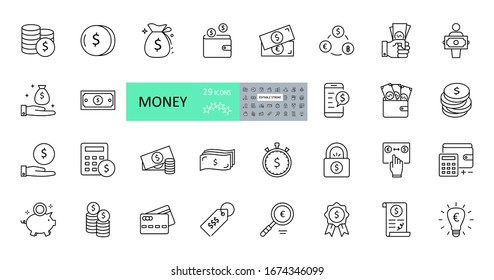 Vector money icons. Set of 29 images with editable stroke. Collection with dollars, euros, coins, bitcoin, banknotes, bag, wallet, watch, calculator, lock, pig piggy bank, bulb, magnifier, agreement.