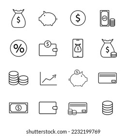 Vector money linear icons. Finance, revenue reduction and financial benefit set. Economy, money savings and increase profit line icons.