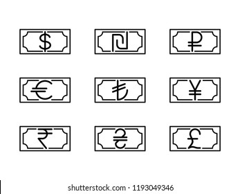 Vector money in outline monochrome style - set of 9 world currencies in bank note form and currency symbol - dollar, shekel, rouble, euro, lira, yen (yuan), rupee, hryvnia and pound