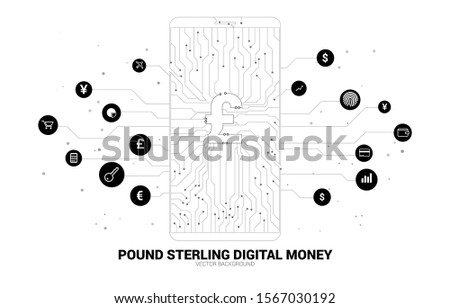 Vector money pound sterling  icon in mobile phone screen from dot connect line circuit board style. Concept for digital money and fintech.