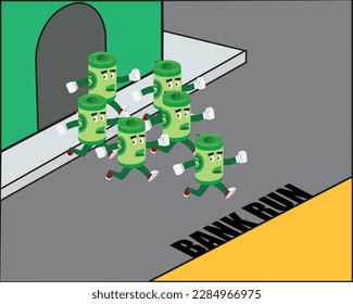 A vector of money run out of the bank. Bank run concept